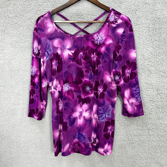 Vintage Y2K Fashion Bug Top Womens Large Purple Floral Hibiscus‎ Boho Fairy 90s - Picture 1 of 7